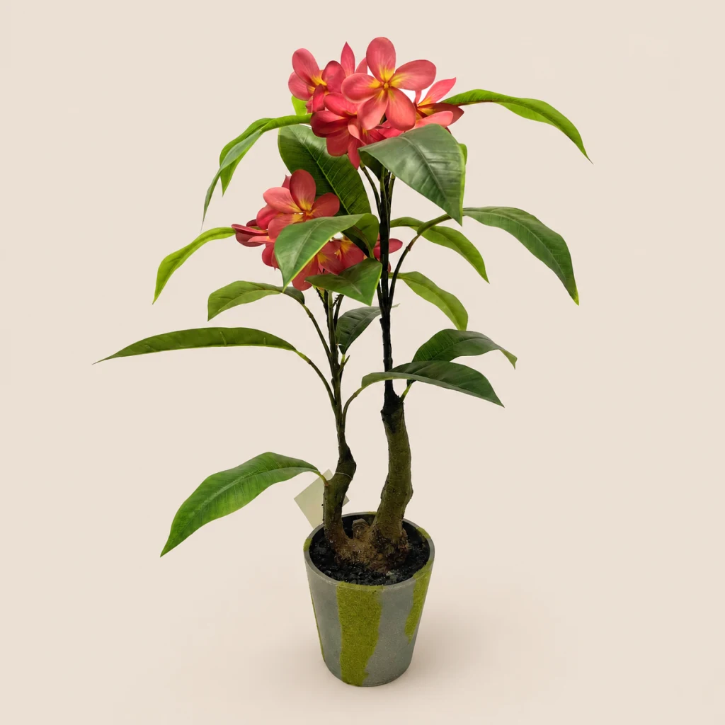70cm Pink Plumeria with Yellow Centers, 20 Leaves, 18 Flowers